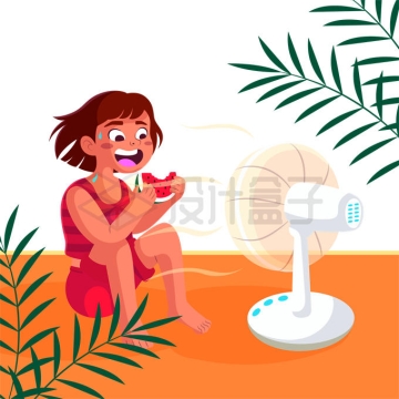 炎热夏天吹电风扇吃西瓜的卡通女孩9876657矢量图片免抠素材