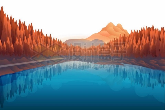 远处红色的高山和秋天变黄的森林以及近处的蓝色水面湖面风景插画4618003矢量图片免抠素材免费下载