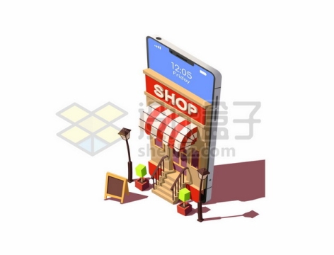 3D风格手机造型的商店大门网上开店电商服务307605图片免抠矢量素材