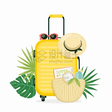 黄色的行李箱和太阳帽太阳镜等热带旅游插图png图片免抠矢量素材