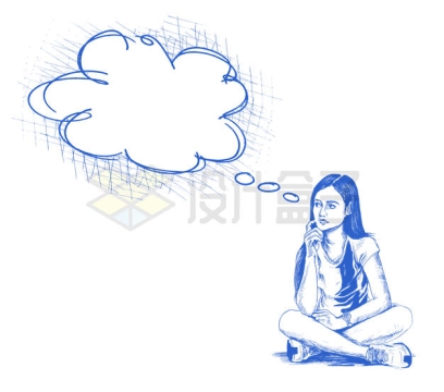 青春女孩坐在地上思考问题圆珠笔手绘插画3133863矢量图片免抠素材