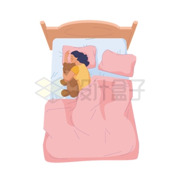 俯视视角床上抱着玩具熊睡觉的女人1430149矢量图片免抠素材
