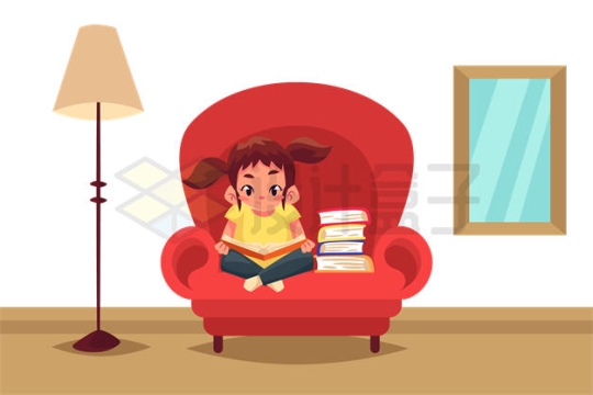 可爱的卡通小女孩坐在沙发上认真看书2914278矢量图片免抠素材