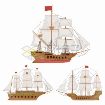 三款西方的复古帆船木制船舶png图片免抠矢量素材