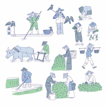 中国风划着小船的渔夫和鸬鹚以及用耕牛耕田和插秧采摘茶叶的农民手绘插画6395033矢量图片免抠素材