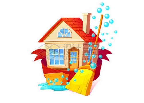卡通房屋和扫帚以及冒起来的蓝色泡泡象征了打扫卫生大扫除8878799矢量图片免抠素材