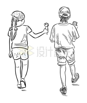 夏天拿着冰淇淋的卡通男孩女孩背影手绘插画8136988矢量图片免抠素材