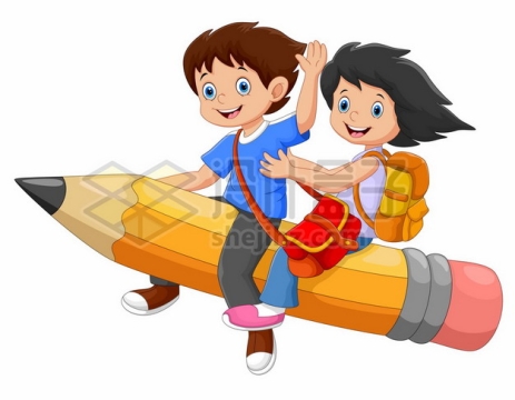 两个卡通小朋友坐在铅笔上飞行儿童节插画410990图片免抠矢量素材