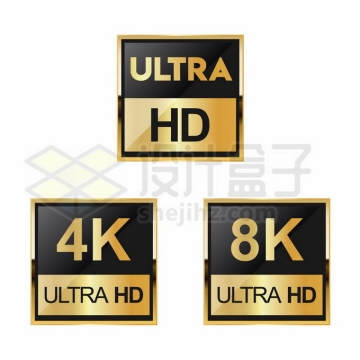 3款正方形黑金色4K/8K等显示器视频分辨率标志图标3143783矢量图片免抠素材