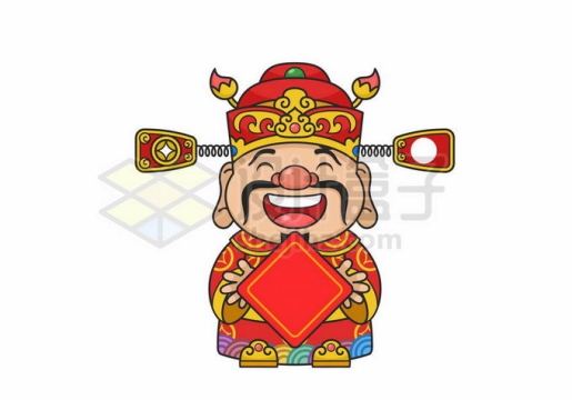 新年春节卡通财神爷拿着一张红色贴纸7723444矢量图片免抠素材