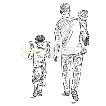 爸爸抱着女儿和儿子一起行走背影手绘插画9246715矢量图片免抠素材