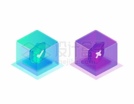 3D立体风格半透明立方块中的绿色对号和紫色错号盾牌2799263矢量图片免抠素材