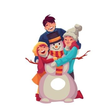 插画风格带着女儿堆雪人的年轻爸爸和妈妈幸福的一家三口图片免抠矢量图素材