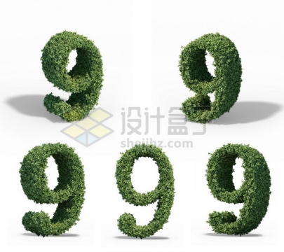 5个不同角度的植物修剪造型数字9艺术字体997512psd/png图片素材