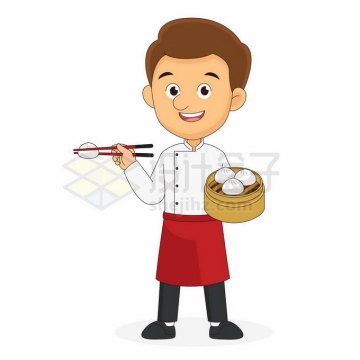 卡通厨师拿着蒸笼用筷子夹出包子8231578矢量图片免抠素材