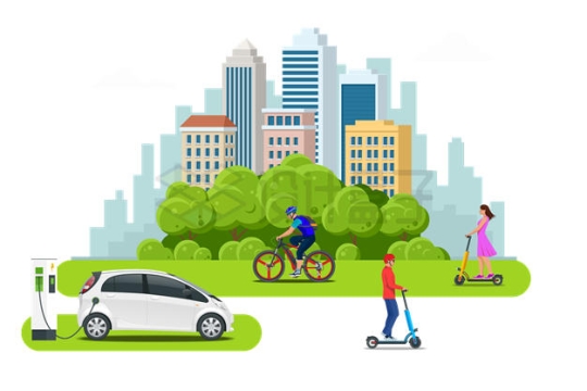 远处的城市天际线和近处的电动车自行车等绿色出行方式4567165矢量图片免抠素材