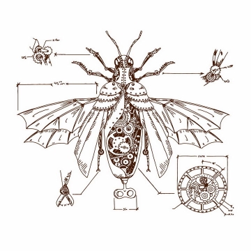 手绘素描蒸汽朋克风格齿轮等机械装置组成的昆虫png图片免抠矢量素材