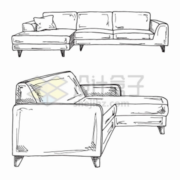 手绘素描风格两套客厅组合沙发家具png图片免抠矢量素材