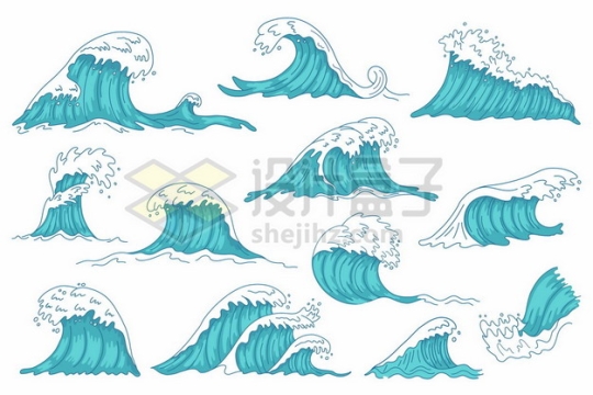 十二款蓝色的浪花海浪手绘插画716818图片免抠矢量素材