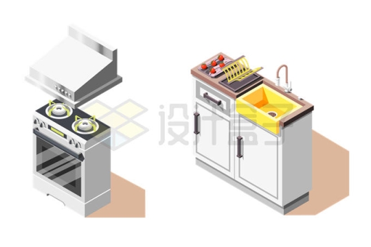 2.5D风格集成灶煤气灶抽油烟机和洗菜池5946564矢量图片免抠素材