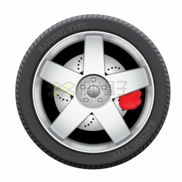 银色轮毂红色卡钳的汽车轮胎侧视图png图片素材