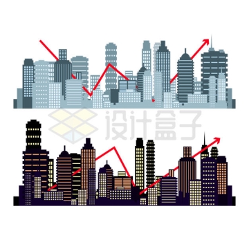 2款城市建筑物天际线和红色增长曲线箭头1899999矢量图片免抠素材
