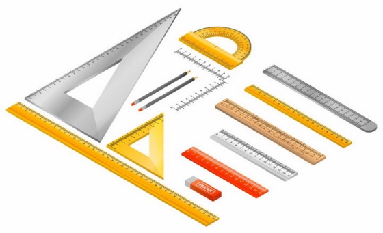 整齐摆放在一起的三角尺直尺量角器铅笔橡皮等学生测量工具png图片免抠矢量素材