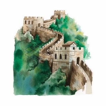 手绘水彩画风格中国长城png图片免抠矢量素材