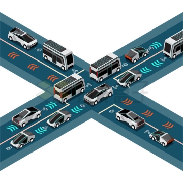 繁忙的十字路口自动智能汽车驾驶视觉和雷达系统8463688矢量图片免抠素材