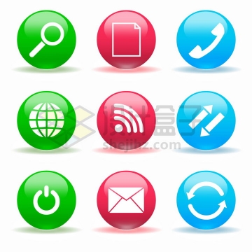 9款绿色红色蓝色搜索文件电话等圆形水晶按钮互联网图标png图片免抠矢量素材