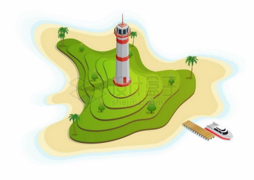 2.5D风格绿色小岛和上面的灯塔建筑物4077866矢量图片免抠素材