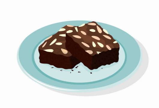 放在淡蓝色盘子中的巧克力瓜子仁布朗尼蛋糕美味西餐美食png图片免抠矢量素材
