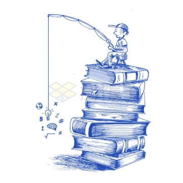 卡通小男孩坐在高高的书本上钓鱼圆珠笔插画1996170矢量图片免抠素材