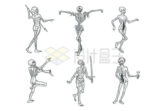 6款摆出各种pose的骷髅骨架手绘插画8428504矢量图片免抠素材