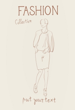 简约线条风格时尚披肩职业女性包臀裙时装设计草图图片免抠矢量素材