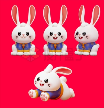 4款兔年身穿传统服饰的卡通小白兔3D模型7886690矢量图片免抠素材