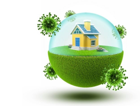 3D立体创意绿色草坪和防护罩保护的房子阻止病毒9942232免抠图片素材