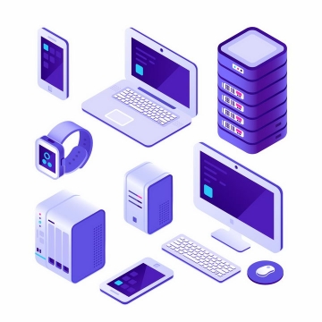 3D立体紫色智能手机笔记本电脑服务器智能手表键盘和台式机电脑png图片免抠矢量素材