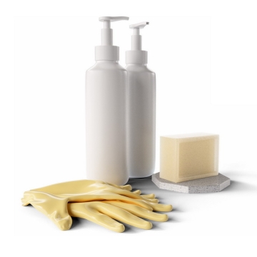 白色洗手液清洁剂瓶子和黄色橡胶手套558225png图片素材