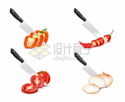 菜刀和切片的灯笼椒辣椒西红柿洋葱等美味蔬菜png图片素材