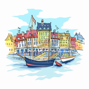欧洲水城房子和帆船欧洲小镇城市风景水彩插画png图片素材