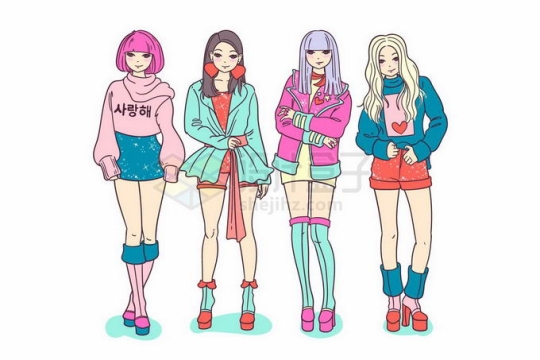4个韩国女团卡通美少女手绘插画8024451矢量图片免抠素材