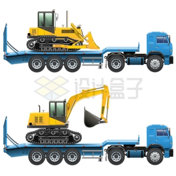 蓝色拖车卡车上的推土机和挖掘机1611864矢量图片免抠素材