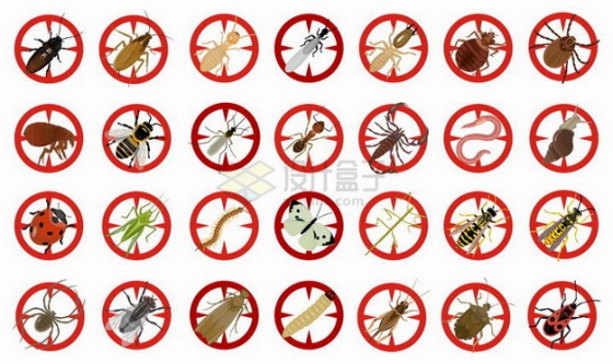 28款蟑螂白蚁蚊子蝎子蜈蚣等害虫禁止标志png图片素材