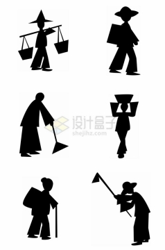 6款挑担子扫地种田的农民劳动人民剪纸剪影png图片素材