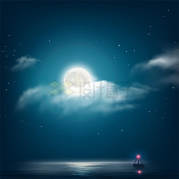 夜晚海上的月亮躲在云朵后面唯美背景图5128492矢量图片免抠素材