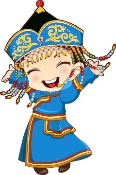 蓝色传统服饰的跳舞卡通蒙古族少女png图片素材