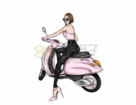 性感美女穿着紧身衣骑着粉色摩托车插画8306566矢量图片免抠素材
