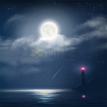 夜晚海上灯塔和月亮唯美背景图5526256矢量图片免抠素材