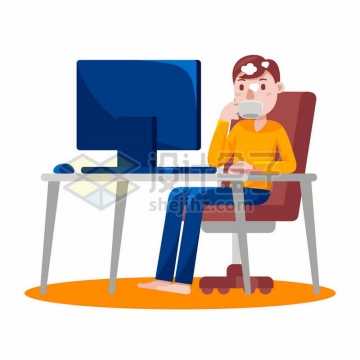 卡通男人上班工作时坐在电脑前休息喝咖啡4217336矢量图片免抠素材